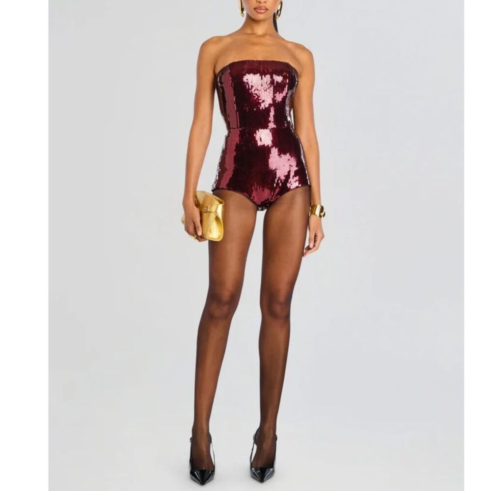 Retrofête Estella Sequin Romper Womens XS Burgundy Strapless NWT